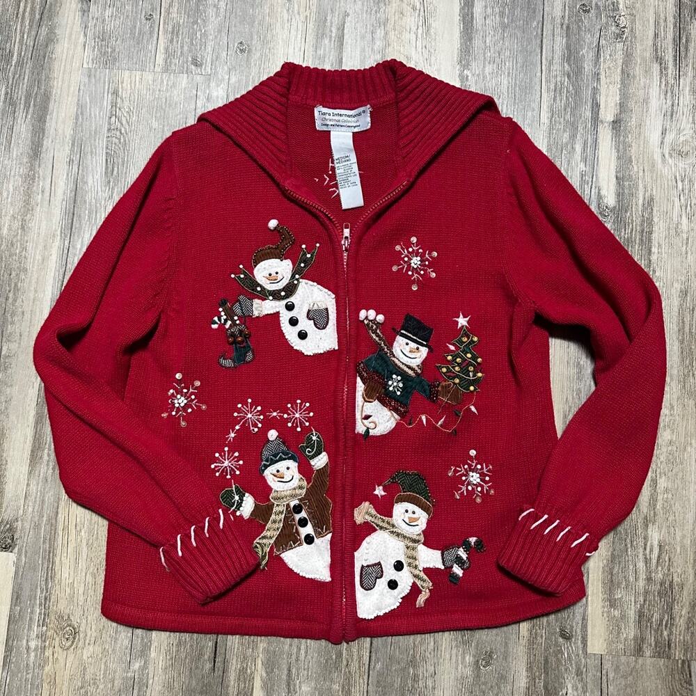 Tiara International Christmas Zip Women's Medium Vtg Cardigan Red Snowmen